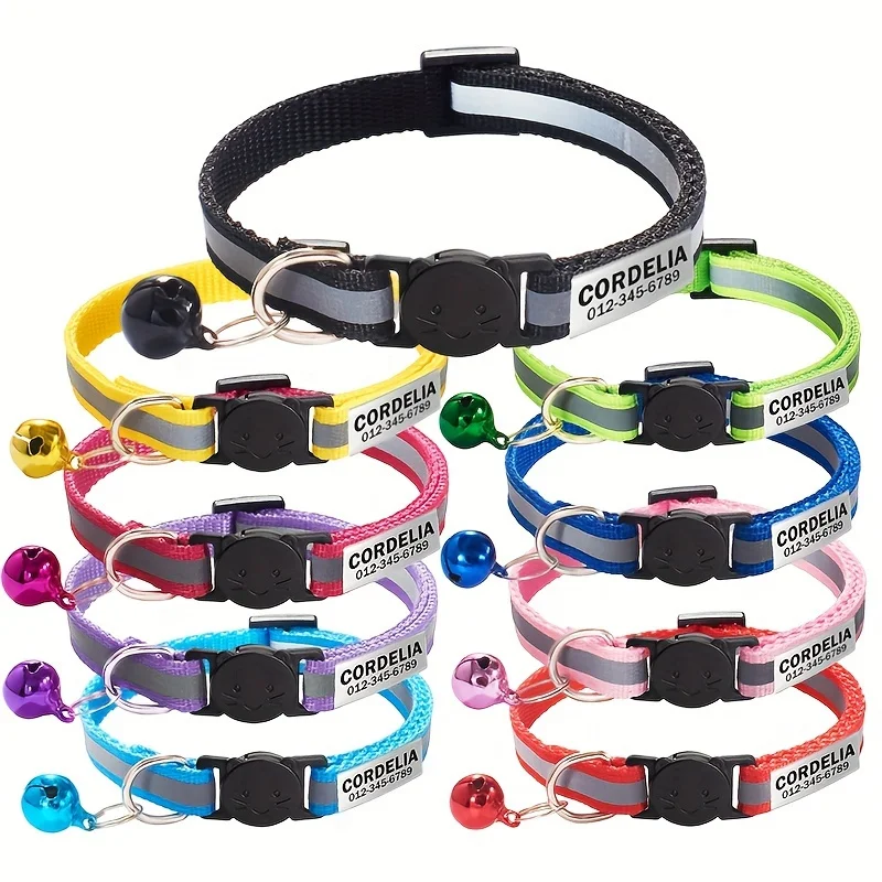 Collar de gato reflectante personalizado, collares de seguridad separables para gatos con campana, collar con placa de identificación de liberación rápida, grabado gratis
