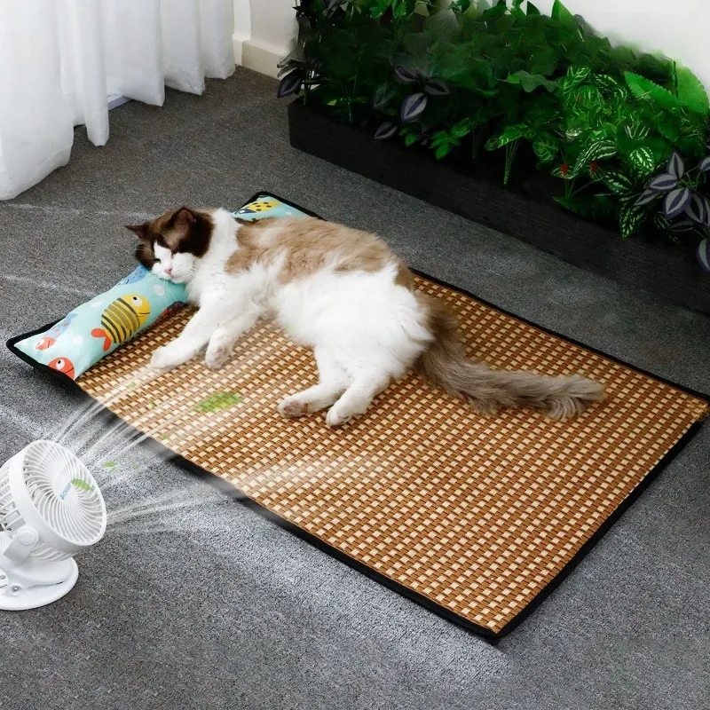 Esteras refrescantes para mascotas para gatos con almohada, almohadillas suaves para cama, estera para dormir tejida de mimbre para perros, suministros de disipación de calor para cachorros y gatitos