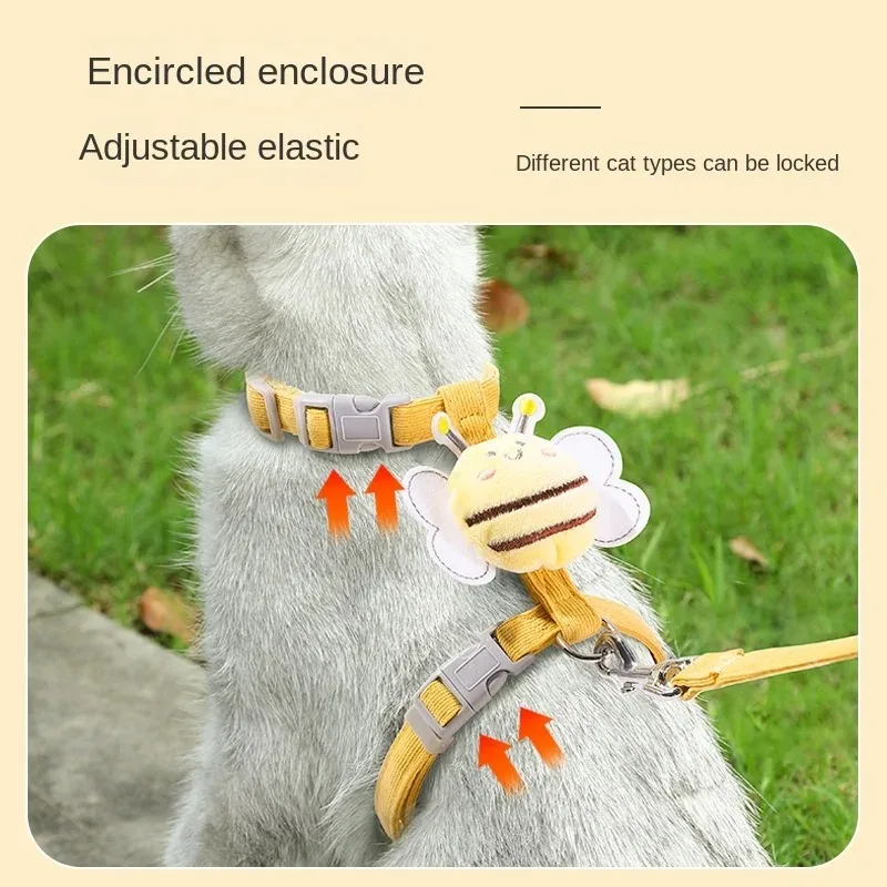 Arnés para gatos, conjunto de Collar con correa, arnés ajustable de doble capa con abeja de dibujos animados para perros, Collar para mascotas pequeñas y medianas, correa para caminar al aire libre - imagen 3