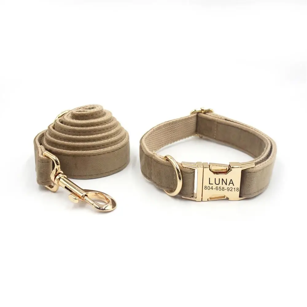 Collar de perro de terciopelo grueso de café personalizado con grabado gratis, collares para cachorros de mascotas con hebilla de Metal personalizados, correa a juego disponible