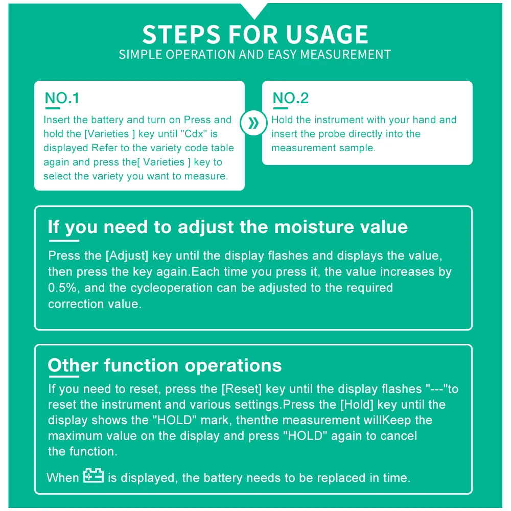 Probador de humedad de forraje con pantalla LCD, medidor de humedad de heno portátil, probador de humedad de pasto de paja de heno, Detector de contenido de agua 0-80% - imagen 5