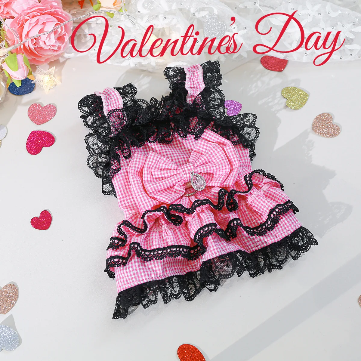 Vestido especial para mascotas del Día de San Valentín, traje rosa de chicle recortado con encaje para perros pequeños y gatos para ocasiones festivas