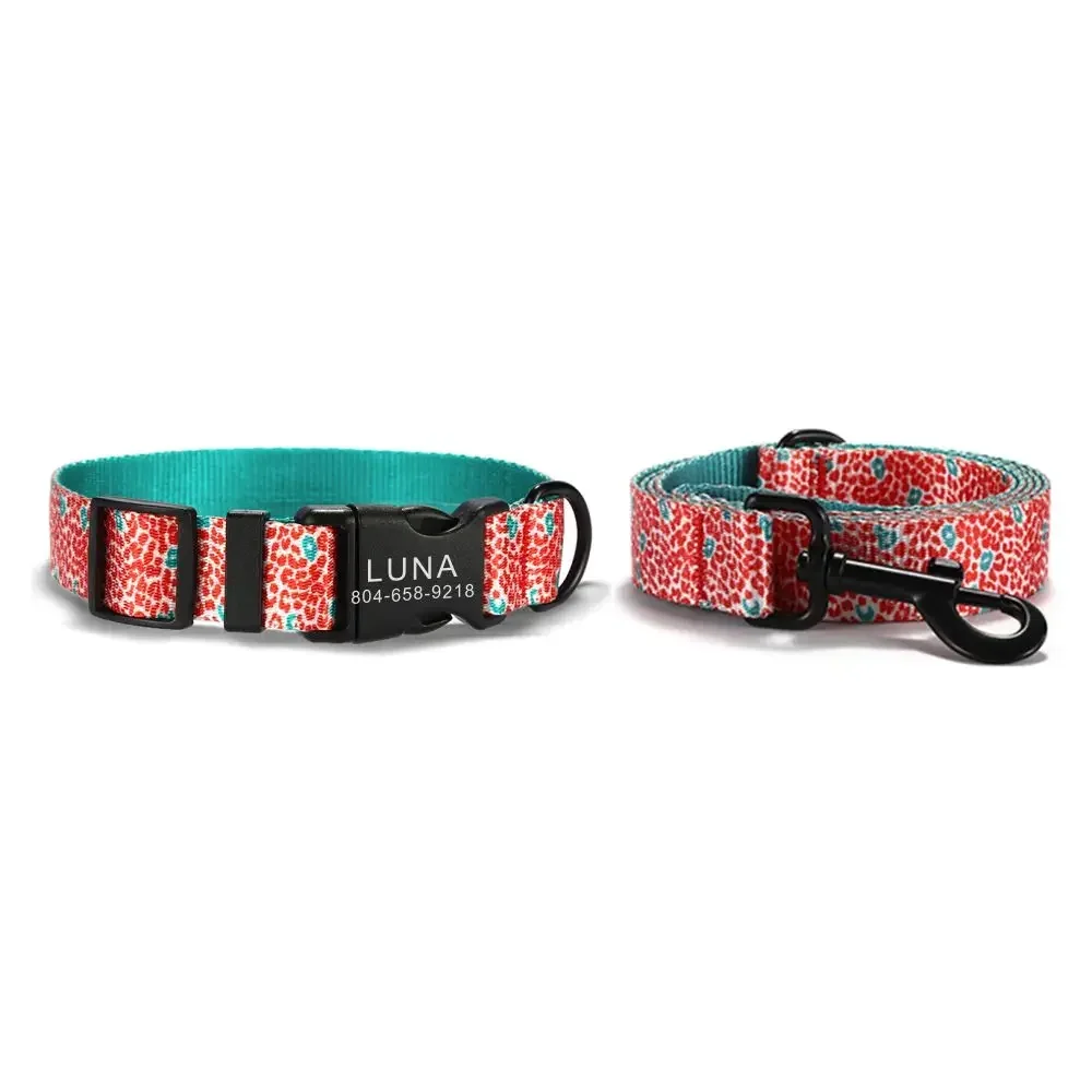 Collar de perro personalizado con grabado gratuito, correa para mascotas a juego, hebilla de contactos personalizados, Collar para mascotas de gato de leopardo rojo