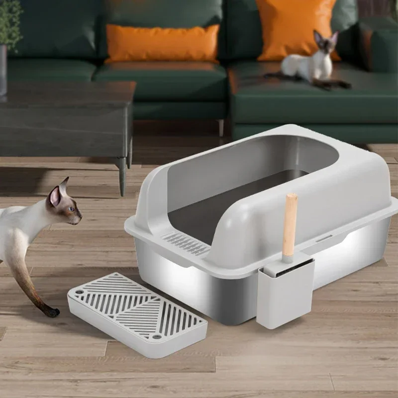 Caja de arena para gatos con Plan semimierto de acero inoxidable, más ancha, más gruesa, fácil de limpiar, gran espacio, antifugas, arena, caja para mascotas, cuchara - imagen 5