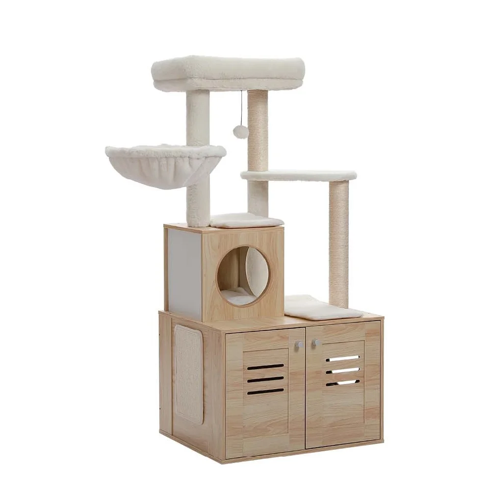 Árbol moderno para gatos con condominio incluido, caja de arena para gatos, muebles de madera maciza con hamaca grande, percha espaciosa superior, h127 cm - imagen 5