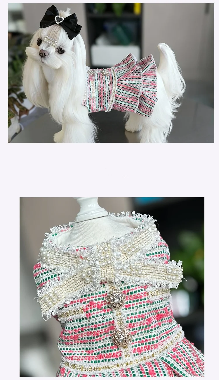 Vestidos a rayas de Tweed para perros pequeños, vestido de princesa para perros, vestido de boda para mascotas, ropa Formal para fiesta de cumpleaños para cachorros, traje de invierno para perros