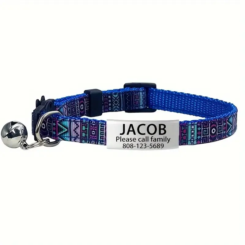 Collar de gato bohemio con etiqueta de identificación personalizada con campana, Collar personalizado de seguridad, grabado ajustable, Collar de gatito pequeño - imagen 2