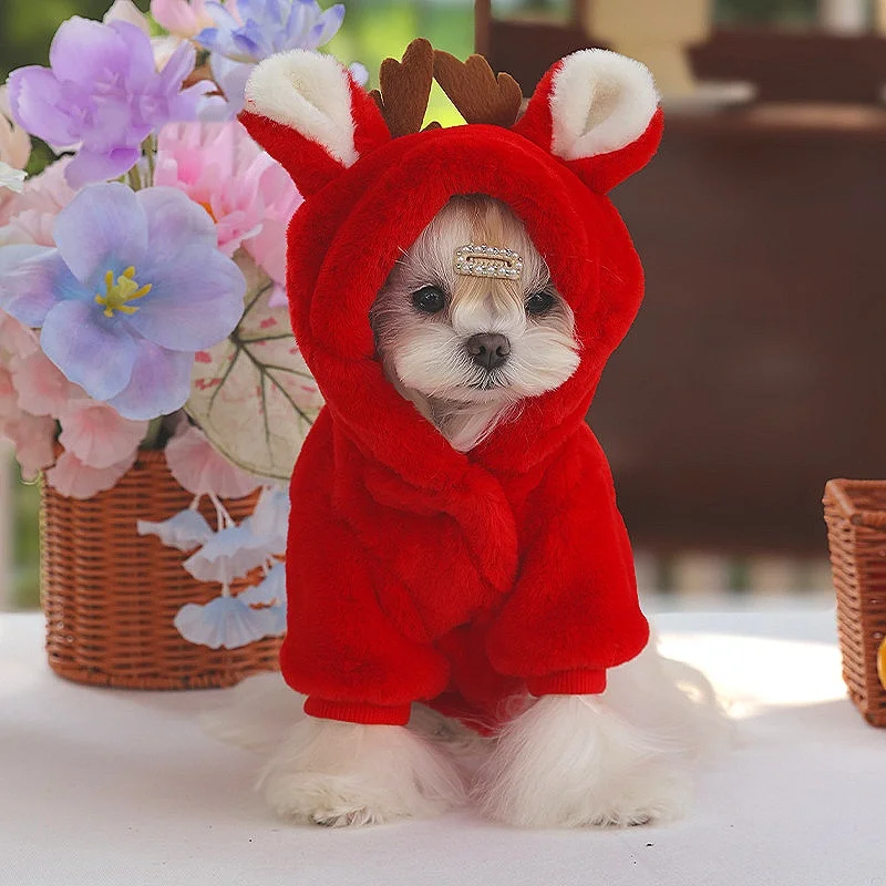Abrigo de lana de Reno de Navidad para mascotas, chaqueta cálida de piel sintética de felpa para invierno, abrigo de invierno con capucha rojo para mascotas, traje para perros, ropa de invierno - imagen 4