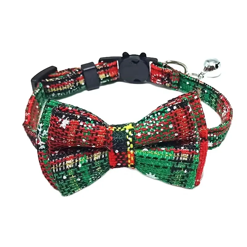 Collar de gato separable para mascotas, pajarita y campana, bonito Collar de perro ajustable elástico rojo de Navidad a cuadros con marco, campana pequeña para gatos