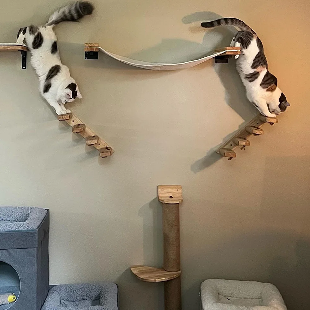 Sistema de escalada para gatos montado en la pared, estantes de madera, escaleras de Sisal, hamaca y perchas, muebles de pared para gatos, escalada y rascar en interiores - imagen 5