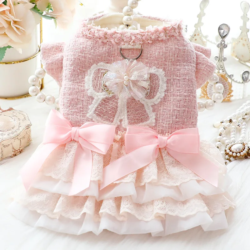 Ropa para perros, ropa de otoño e invierno, vestido grueso de princesa para gatos, tracción rosa, viento pequeño fragante, suministros para mascotas de peluche para perros pequeños - imagen 2