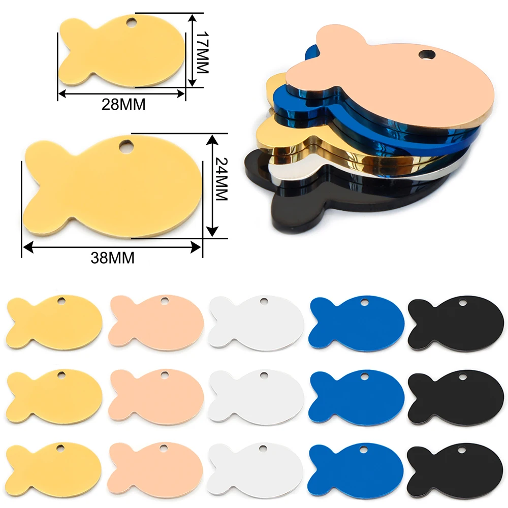 100 Uds. Etiqueta de identificación de mascota personalizada forma de pez acero inoxidable en blanco grabado colgante accesorios llavero regalo