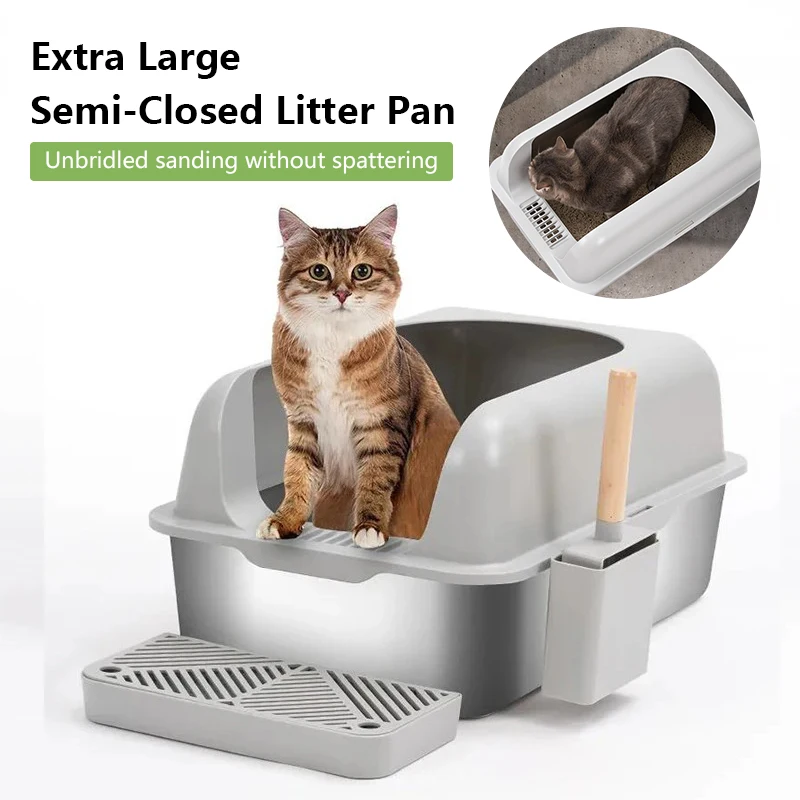 Caja de arena para gatos con Plan semimierto de acero inoxidable, más ancha, más gruesa, fácil de limpiar, gran espacio, antifugas, arena, caja para mascotas, cuchara
