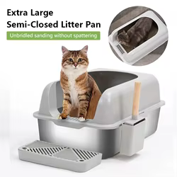 Caja de arena para gatos con Plan semimierto de acero inoxidable, más ancha, más gruesa, fácil de limpiar, gran espacio, antifugas, arena, caja para mascotas, cuchara