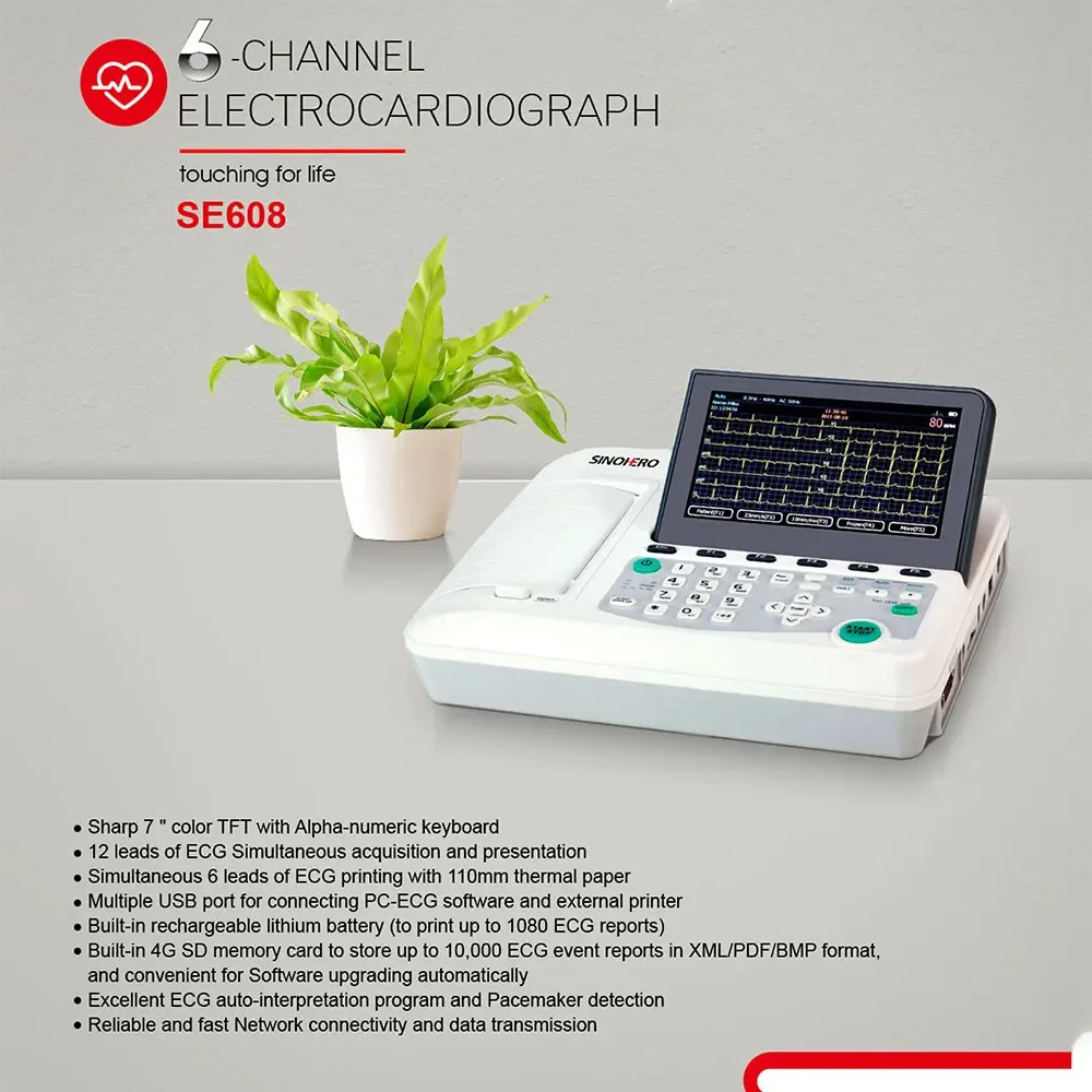 Máquina de ECG SE608, electrocardiógrafo Digital de 6 canales y 12 derivaciones, pantalla LCD táctil de 10 ", Monitor de ECG con impresora de Software - imagen 4