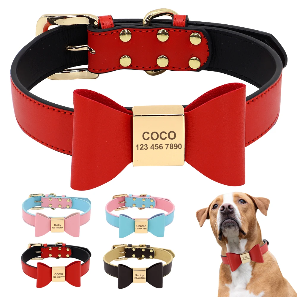 Collar de perro de cuero PU personalizado, collares para mascotas con lazo suave, nombre grabado, Collar para cachorro y gato, antipérdida para perros pequeños, medianos y grandes, Pug