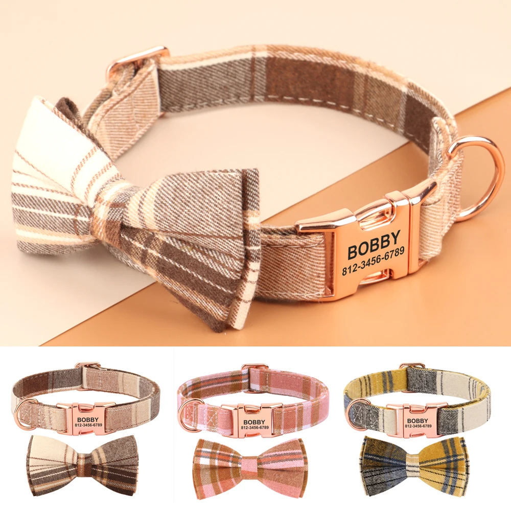 Collar personalizado a cuadros para mascotas, collares personalizados de alta calidad con pajarita, collares ajustables para perros, accesorios de grabado gratis