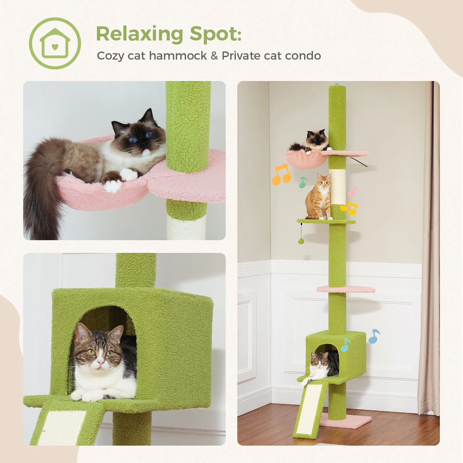 Torre alta para gatos de piso a techo, altura ajustable de 210-274CM con escalera para rascar, hamaca acogedora para gatos y condominio privado, juguetes para gatos - imagen 5