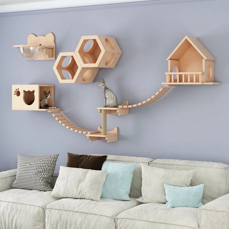 Marco de escalada para gatos de madera maciza, marco de escalera de madera instalado con postes para rascar gatos, juguetes de pared, plataforma de salto nido