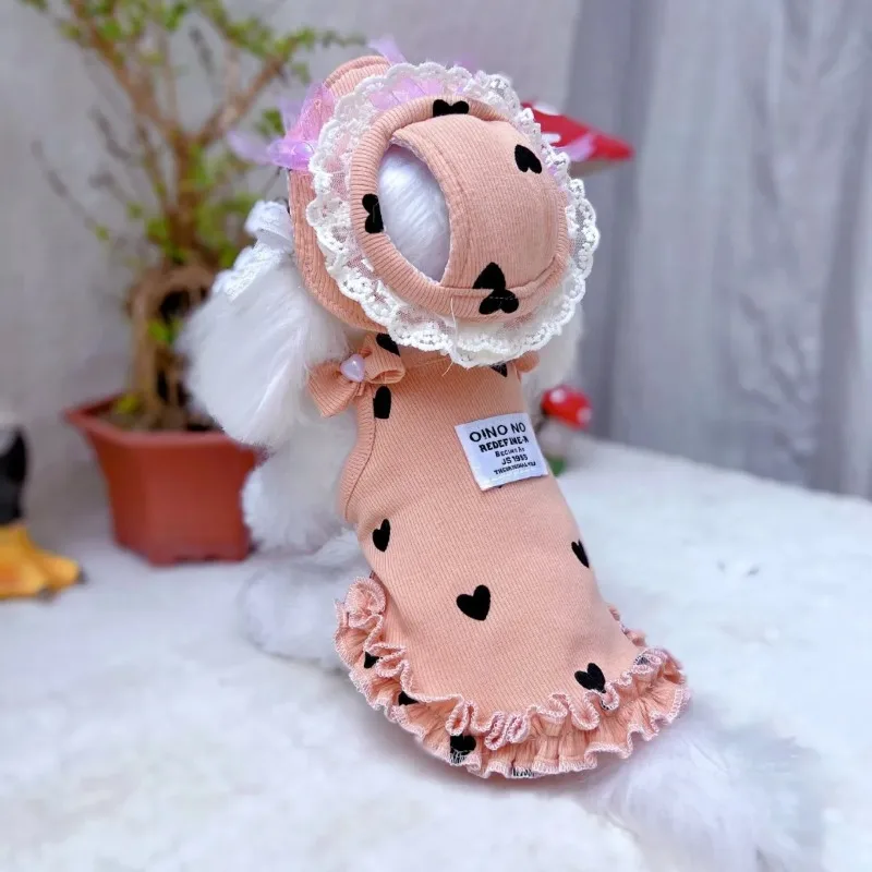 1/Set de ropa de encaje de amor para mascotas, vestido de tirantes de verano, conjunto de sombrero bonito, ropa para perros pequeños, vestido con tirantes elásticos altos, chaleco de princesa para gatos - imagen 3