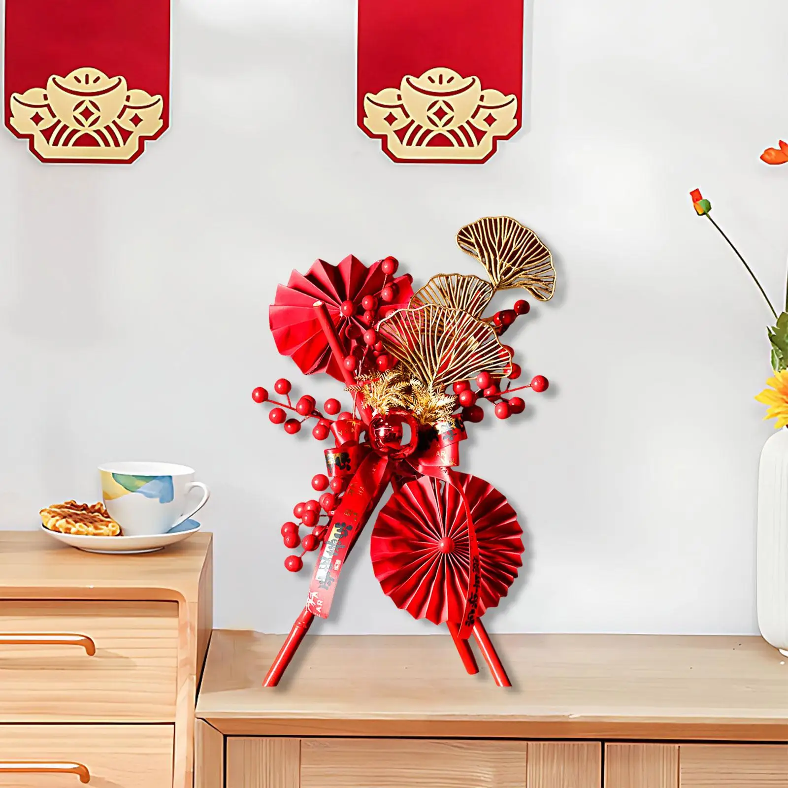 Chinese New Year Bamboo Figurine Red Berries Table Decoration Lucky Collectible Centerpiece for Hotel Counter Room