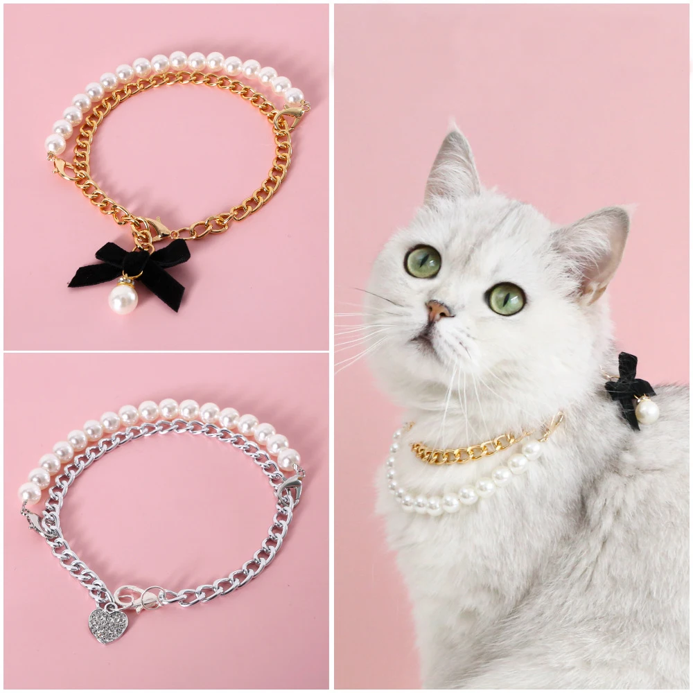 Collar de perlas de lujo para cachorros y gatos, joyería, accesorios para mascotas, Collar de cadena ajustable con cinta, colgante de perlas para gatos - imagen 2