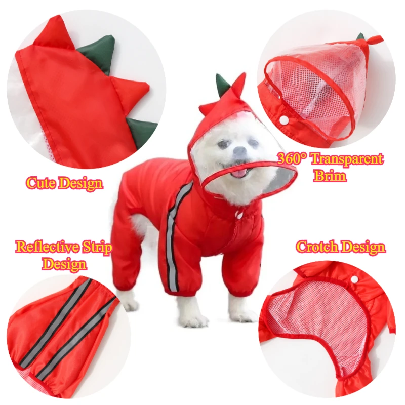 Chubasquero para perro de dinosaurio, chaqueta impermeable ajustable, mono impermeable con capucha para perros pequeños, medianos y grandes, ropa de lluvia divertida para disfraz - imagen 2