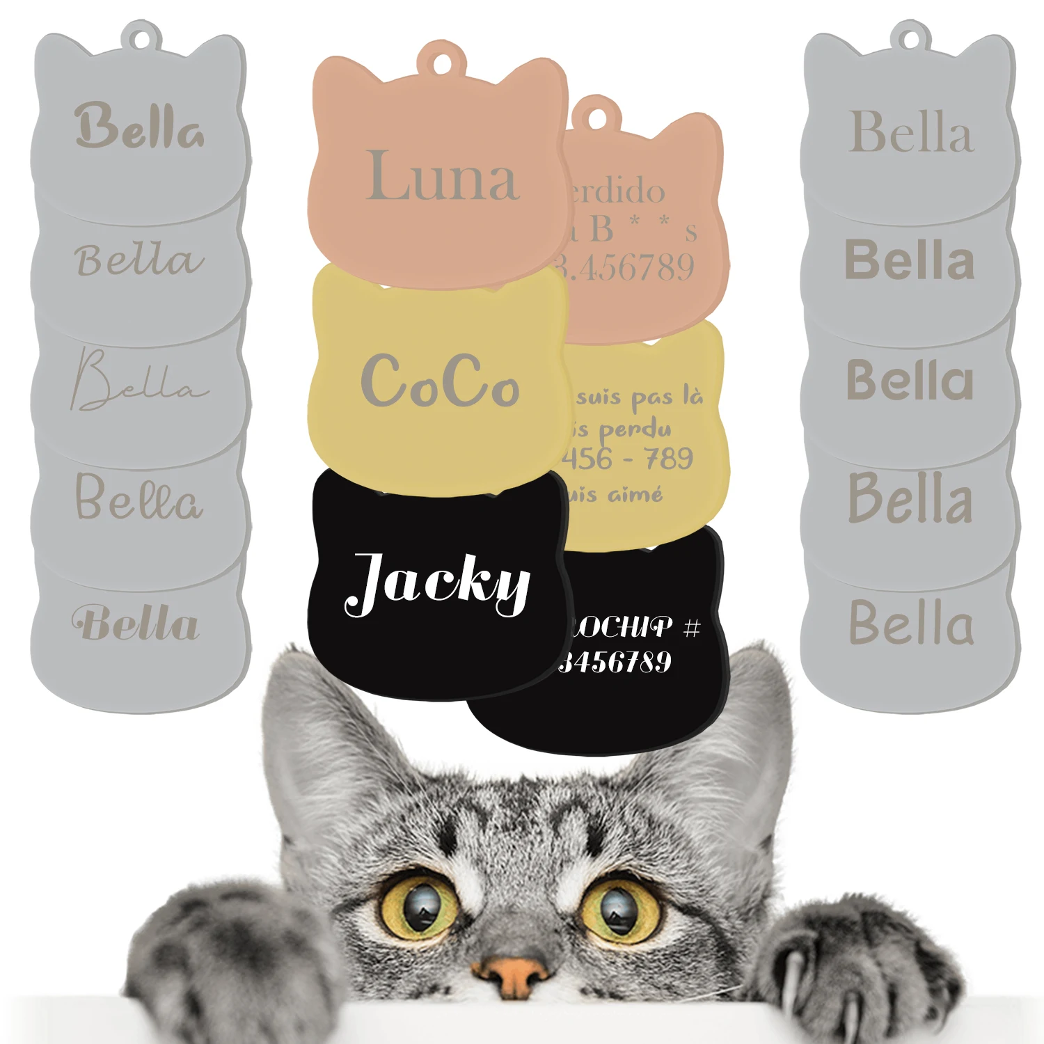Etiqueta personalizada para mascotas con forma de gato, múltiples opciones de fuentes, colgante de Collar, suministros de Collar personalizados para mascotas, accesorios antipérdida