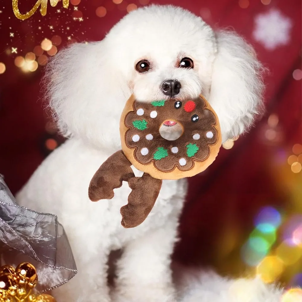 Juguetes chirriantes de peluche para perros de Navidad, juguetes para masticar Donut con chirriador, juguetes de peluche para perros medianos y pequeños, regalo interactivo de Navidad - imagen 3