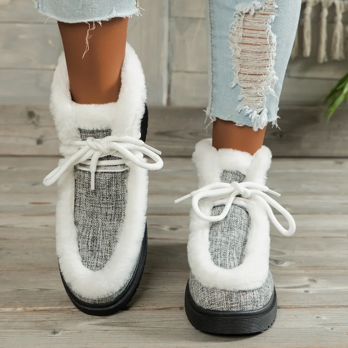 Botas de nieve con cordones y punta redonda para mujer, botines cortos de suela gruesa, Zapatillas altas de lana, zapatos planos cálidos, invierno, 2024 - imagen 5