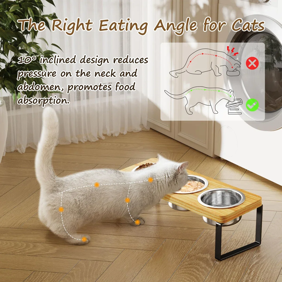 Cuencos elevados para gatos con 3 cuencos de acero inoxidable |   10 °   Cuencos de comida para gatos elevados antivómitos inclinados para gatos pequeños y cachorros de mascotas - imagen 5