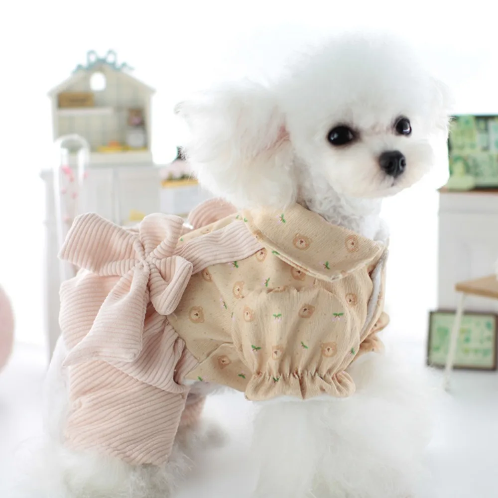 Pantalones de tirantes de dibujos animados con lazo para mascotas, ropa cálida de terciopelo de cuatro patas para perros pequeños, Mono para perros, abrigo de cuatro patas, Otoño e Invierno - imagen 4