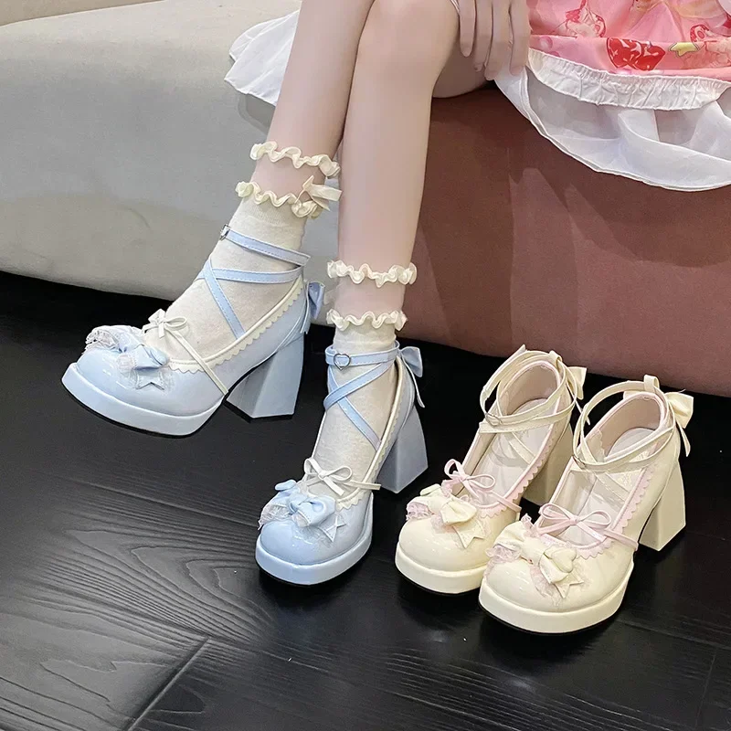 Tacones altos de tacón grueso azul, bonitos zapatos de mujer con nudo de lazo, zapatos planos de verano con plataforma a prueba de agua de Lolita dulce, mocasines con punta redonda - imagen 2