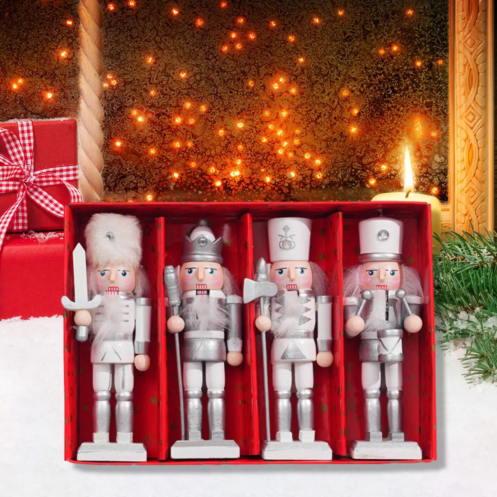 Set of 4 Wooden Christmas Nutcracker Handcrafted Sturdy for Table Display Lightweight Xmas Gift Collection Desktop Decoration