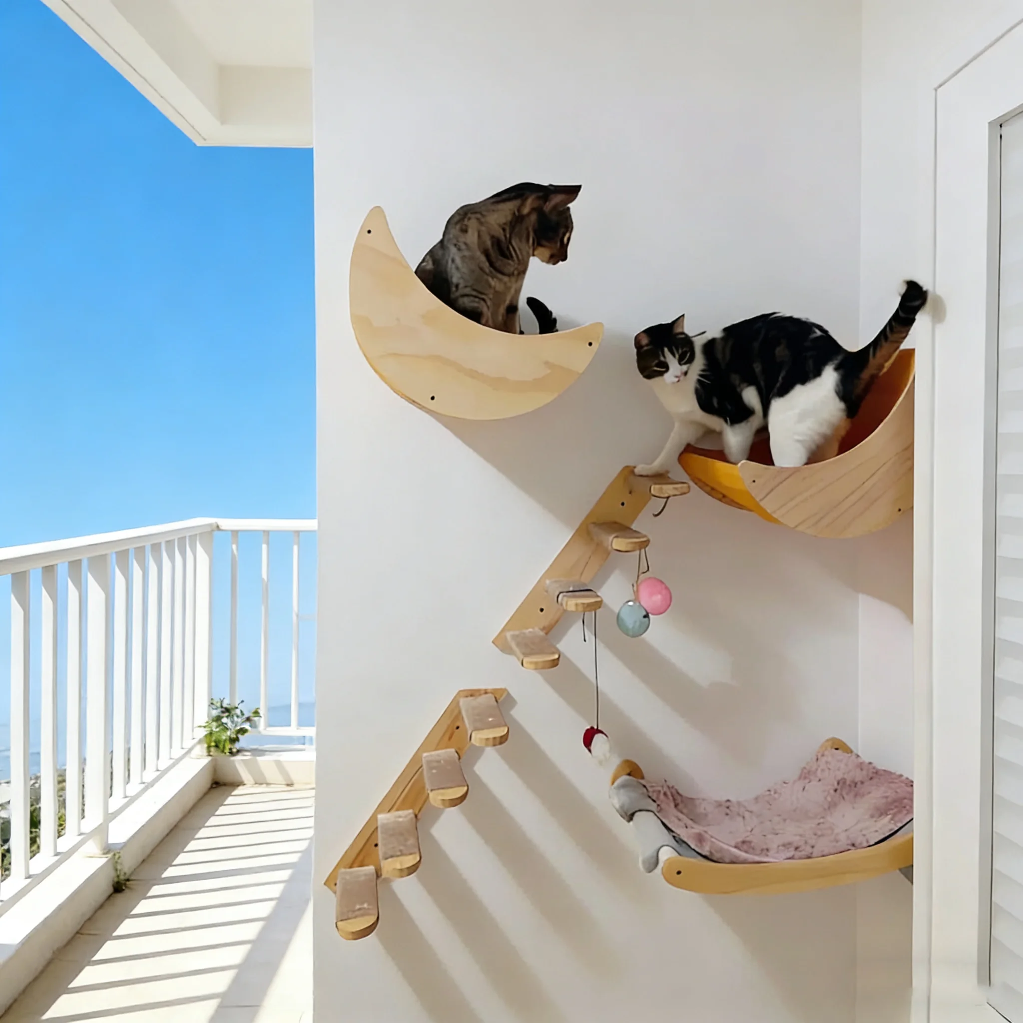 Hamaca para gatos, estantes de escalada montados en la pared para gatos, torre de árbol tejida a mano, casa colgante de pared para gatos, macramé, escalones y plataforma desmontables