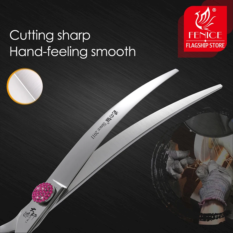 Tijeras súper curvas para mascotas con tornillo de diamante rosa Fenice 45 ° Tijeras de aseo para perros y mascotas de 6,5/7,5 pulgadas, tijeras de recorte para esteticistas de mascotas - imagen 4