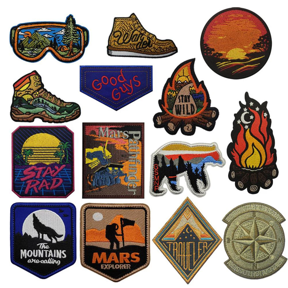 Parche bordado exclusivo para acampar al aire libre, calcomanía, adorno de apliques, parche bordado decorativo con gancho y bucle