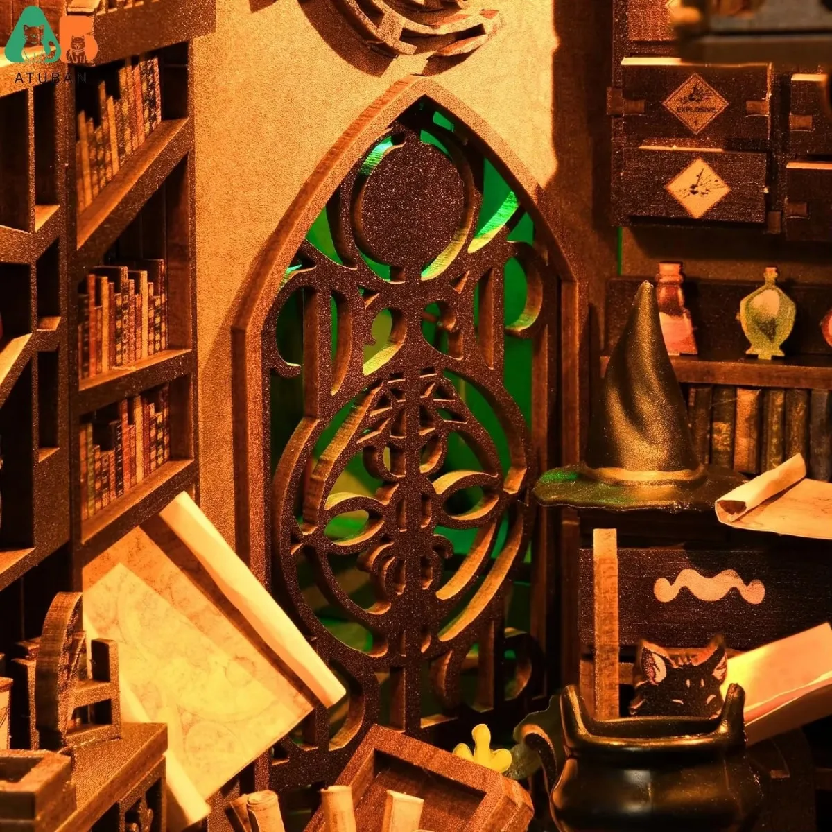 ATUBAN-Kits de rincón de libros DIY para adultos, rompecabezas de madera 3D, Kit de casa en miniatura para decoración de inserción de estantería, sujetalibros DIY, casa pequeña - imagen 5