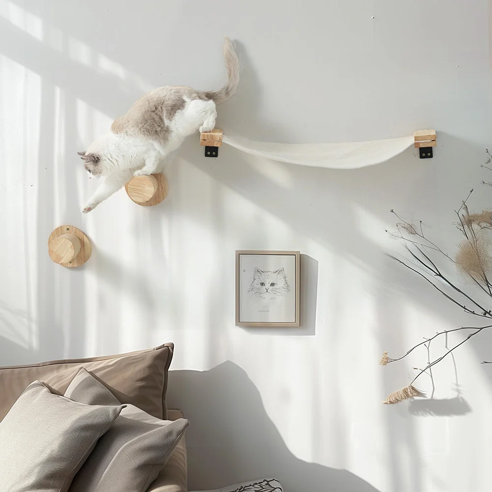 Muebles de madera montados en la pared para gatos, marco de escalada, hamaca con borlas para gatos, escalera de Sisal, árbol para gatos y torre para gatos