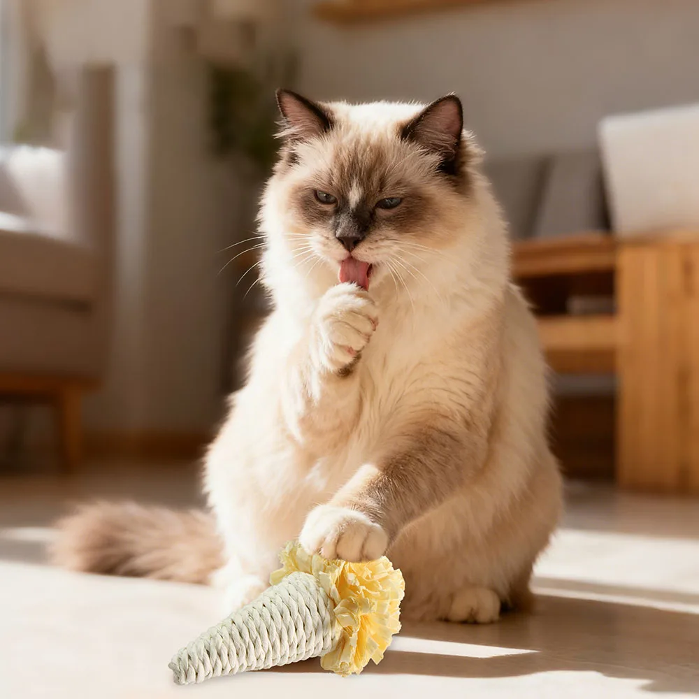 Juguete para masticar para gatos con forma de helado de cuerda, juguete interactivo para mascotas autojuego para gatitos y gatos, juguete duradero para la dentición de cuerda de cáñamo para aliviar - imagen 5