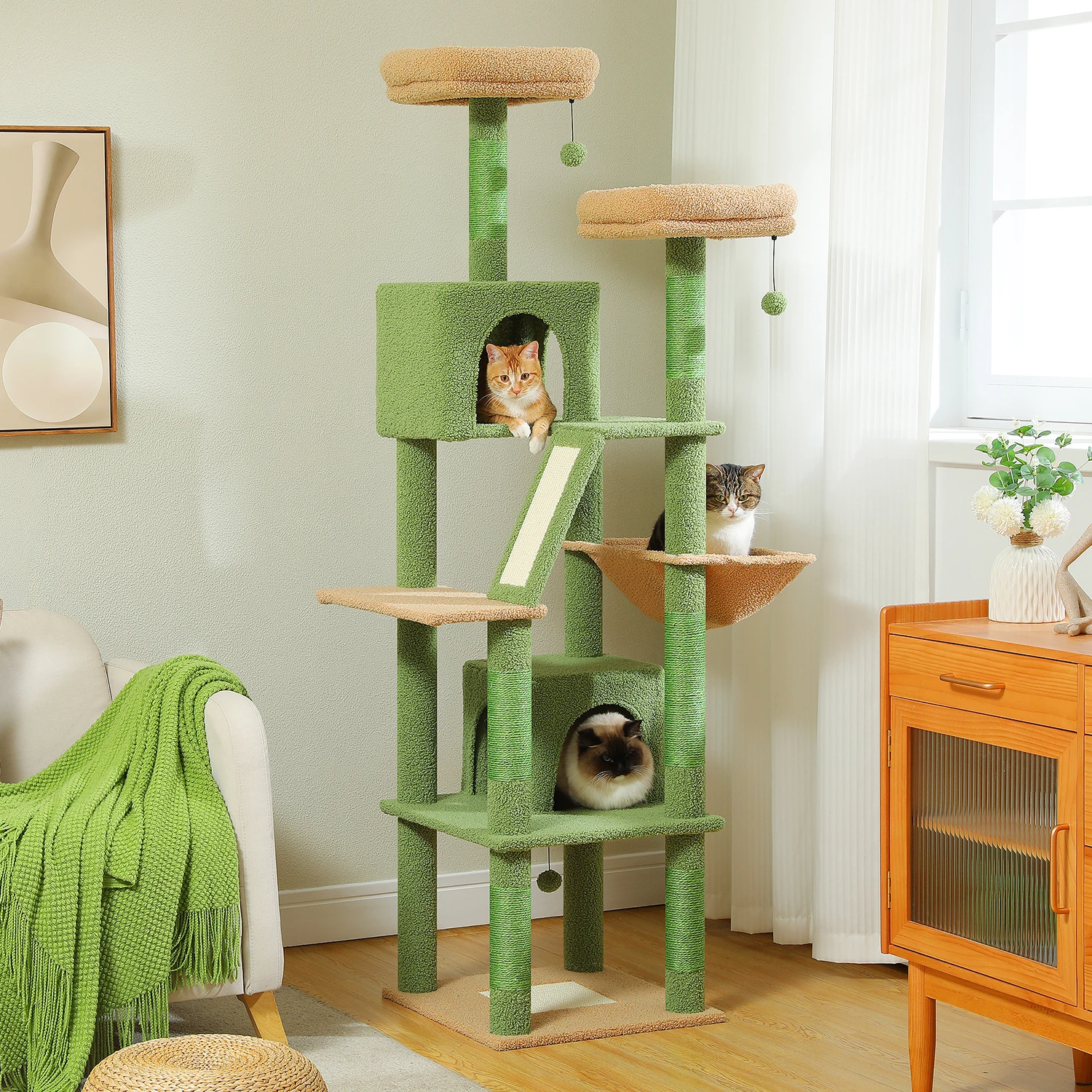 Árbol grande para gatos de H180CM, torre alta de interior para gatos, felpa de varios niveles con poste rascador de Sisal Natural, perchas para condimentos, hamaca - imagen 4