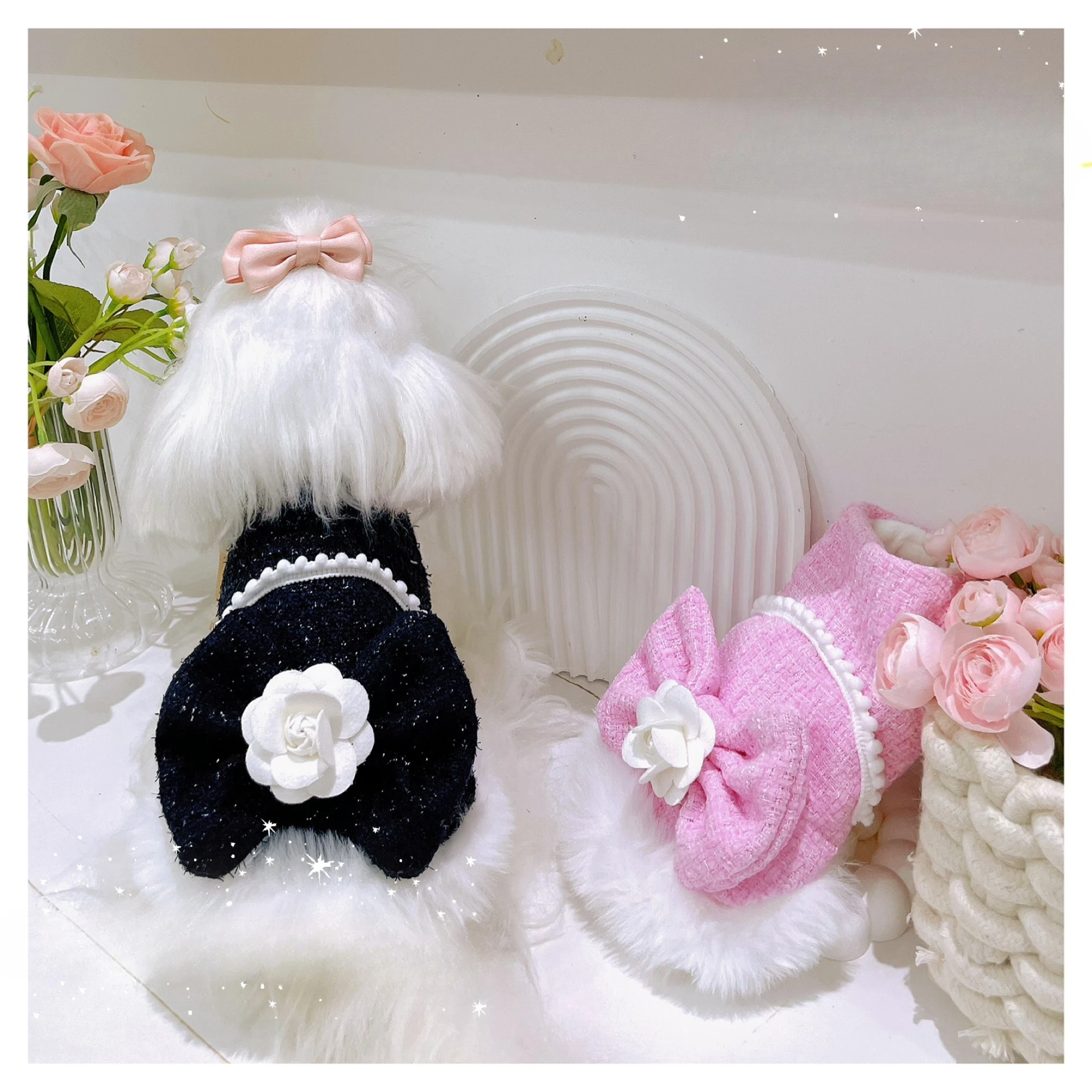 Vestido de otoño/invierno con lazo y flores para mascotas, Teddy Schnauzer, vestido de princesa de terciopelo para perros pequeños y gatos, abrigo, ropa para perros pequeños y cachorros - imagen 3