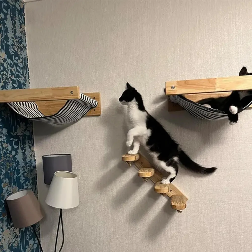 Escalera de madera montada en la pared para gatos, hamaca de Sisal, poste para rascar, soporte para gatos, cubierta mirador, muebles para dormir - imagen 4