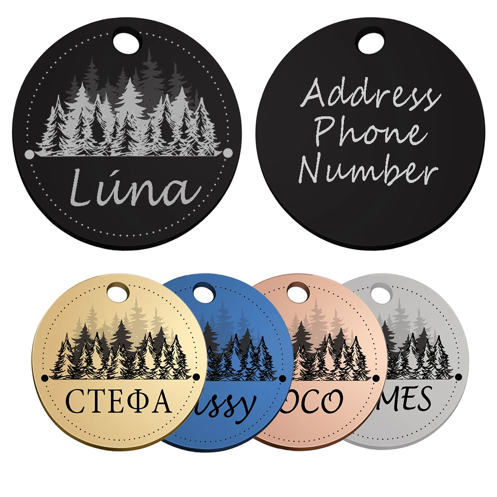 Círculo personalizado etiqueta de identificación de perro Collar patrón bosque gato colgante grabado Collar de mascota cadena encanto suministros