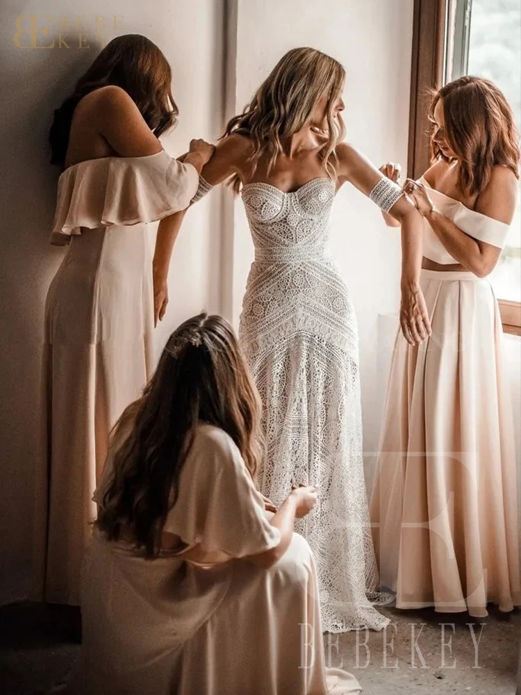 BEBEKEY-vestidos de novia bohemios de encaje con mangas desmontables, vestidos de novia bohemios de sirena personalizados, vestidos de novia largos de playa