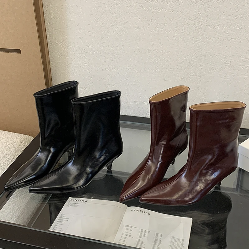 2025 invierno nueva moda botines cortos mujeres puntiagudos elegante vestido de tacón bajo fino zapatos de tacón para mujer - imagen 5