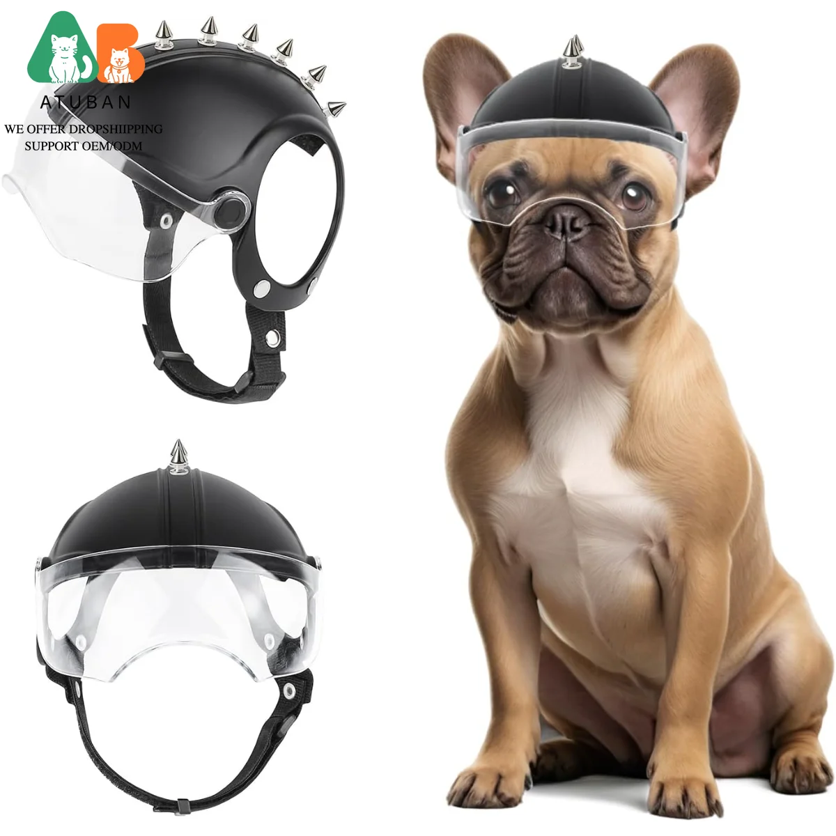 ATUBAN Casco para Perros de Raza Pequeña, Casco de Motocicleta para Perros Visera Transparente para Ciclismo al Aire Libre Sombrero para Mascotas a Prueba de Viento con Remache