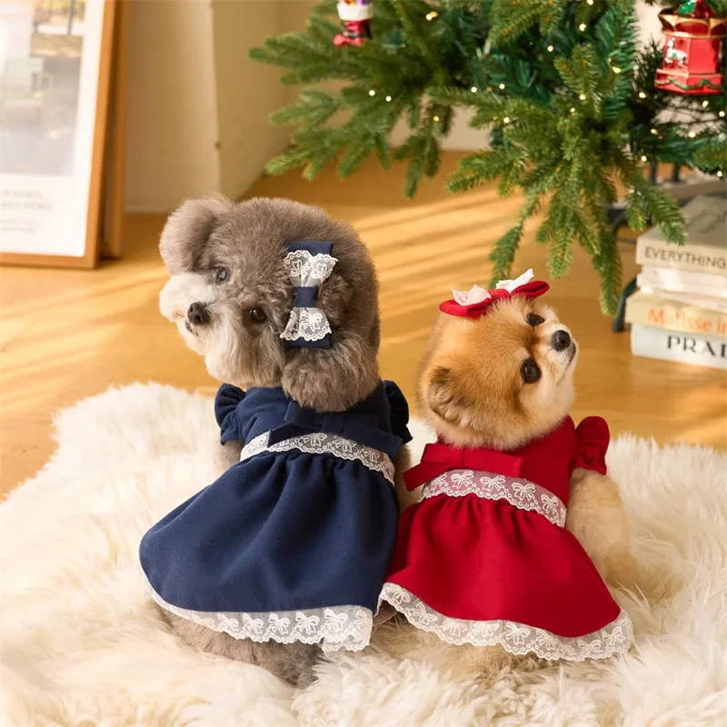 1/Set Pet Christmas Dress New Year Small Medium Sized Dog Cat Double Sided Woolen Bow Dress Bow Dog Clothes for Small Dogs