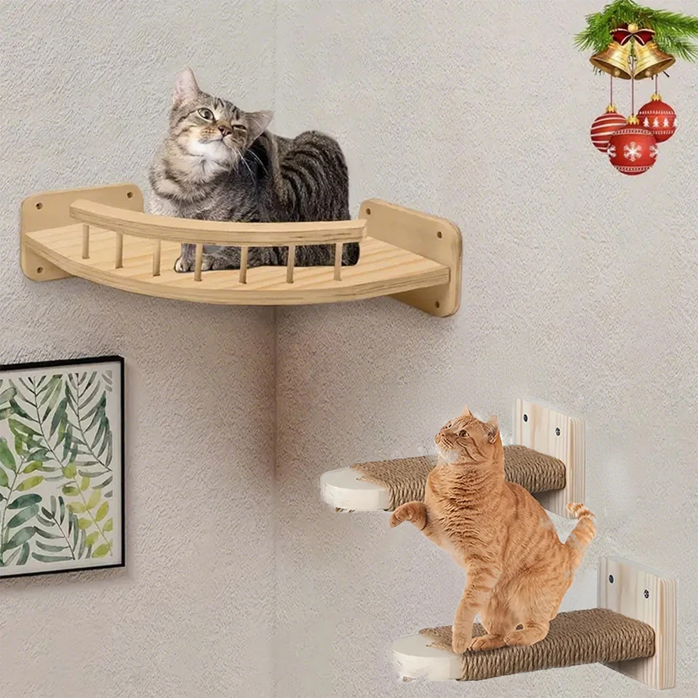Estantes de pared para gatos, poste rascador de 2 pasos y hamaca, estante de escalada para gatos de interior, accesorios de torre de árbol trepador - imagen 2
