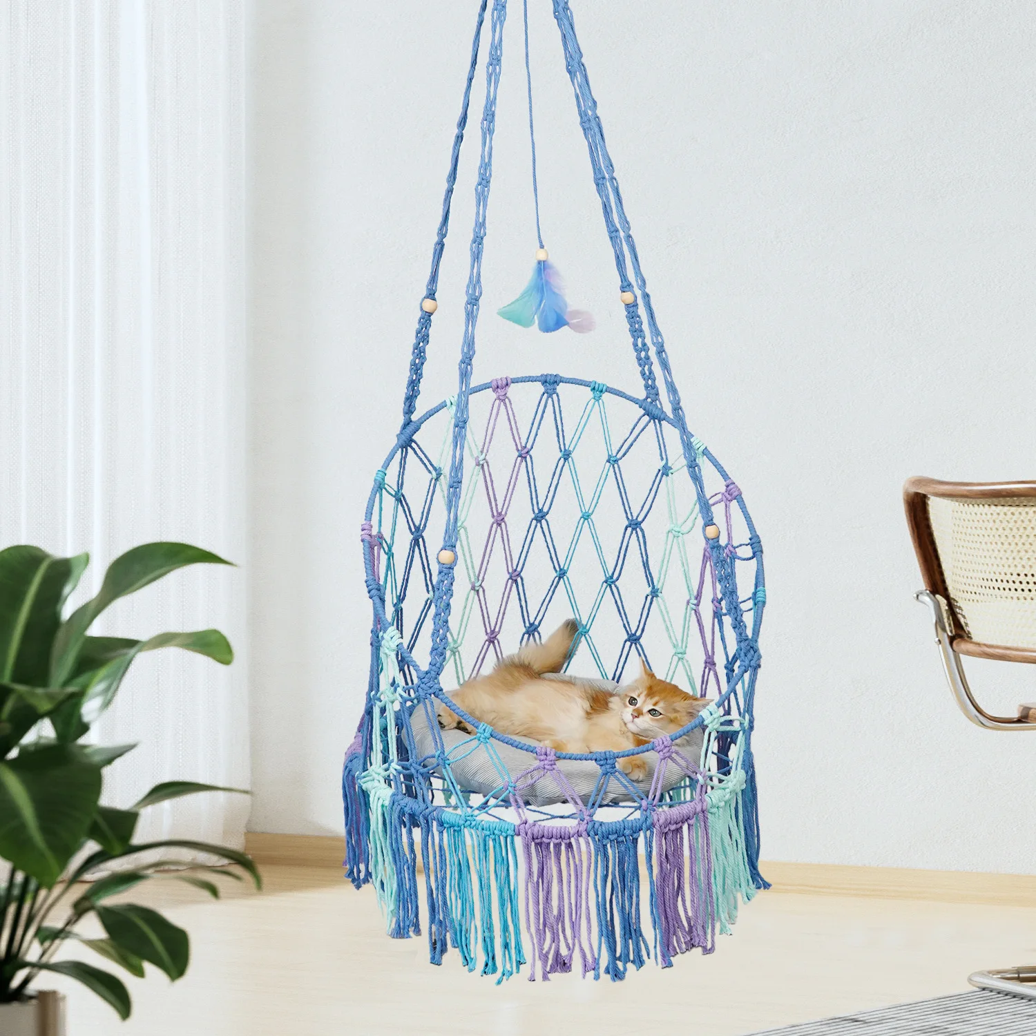 Hamaca macramé boho cama colgante con borlas juguete plumas para gatos